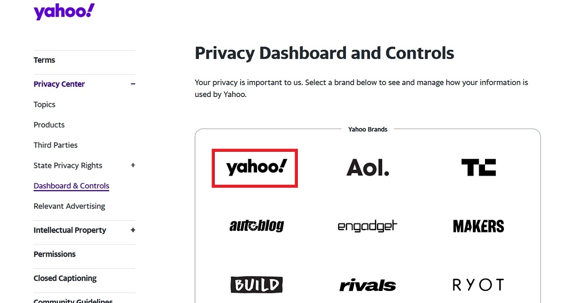 Selecting "Yahoo!" in Privacy Dashboard. 