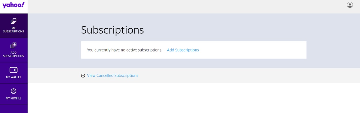 "My Subscriptions" page for services connected to Yahoo mail. 