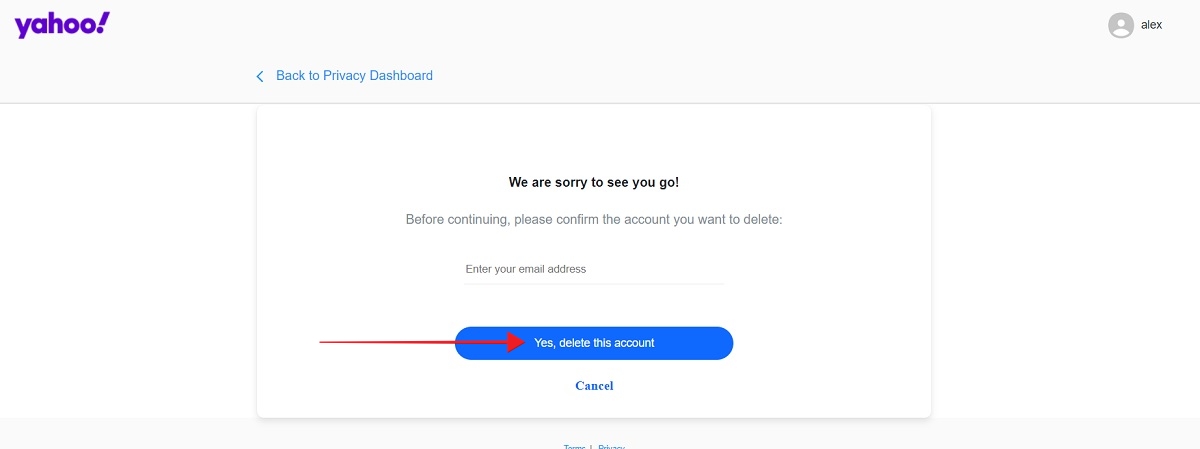 Pressing on "Yes, delete my account" button to finish deleting Yahoo email account.
