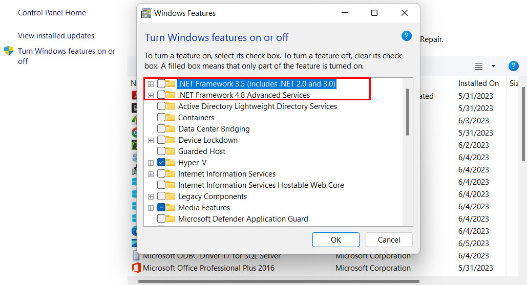 Unchecking .NET Framework options in Windows Features. 