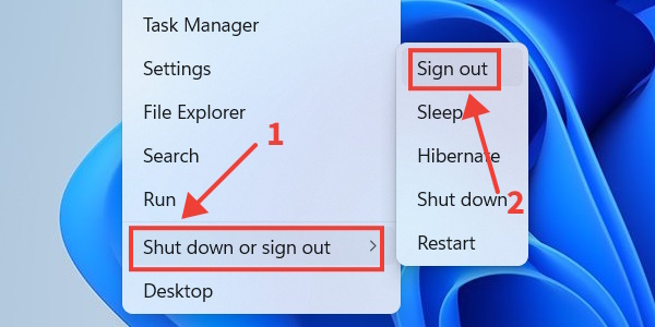 Signing out of Windows 11 via WinX menu. 