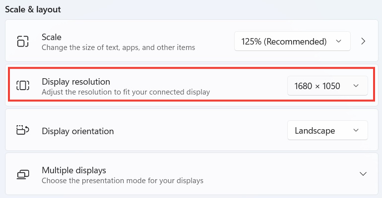 The "Display resolution" section of the Display settings on Windows 11.