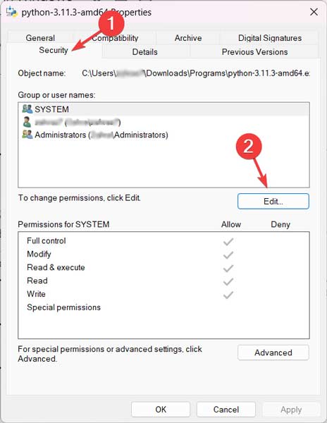"Edit" button in the Security tab of program properties.