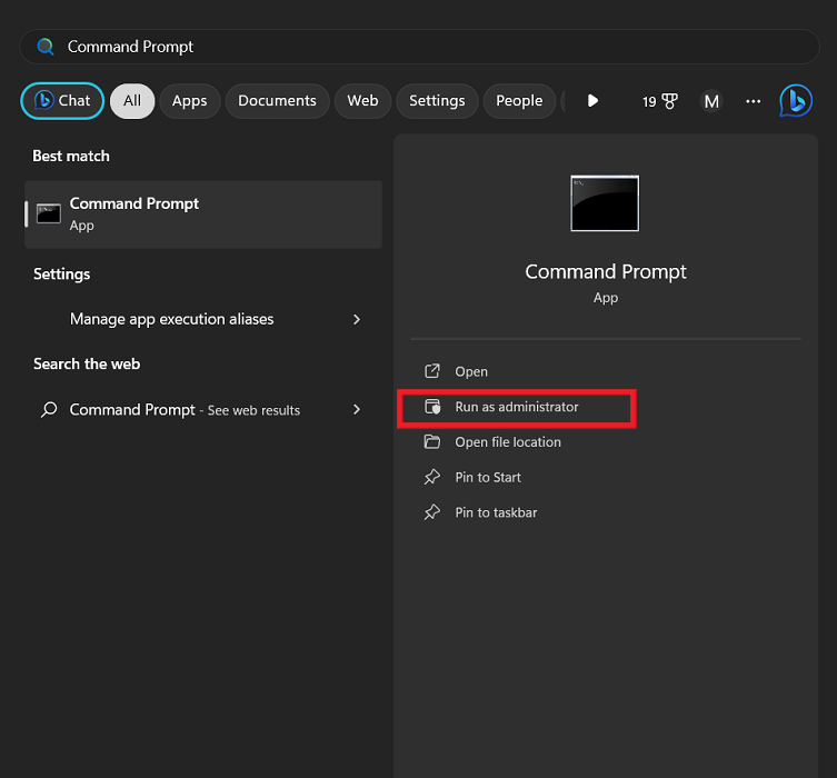 Typing "Command Prompt" in Windows Search.