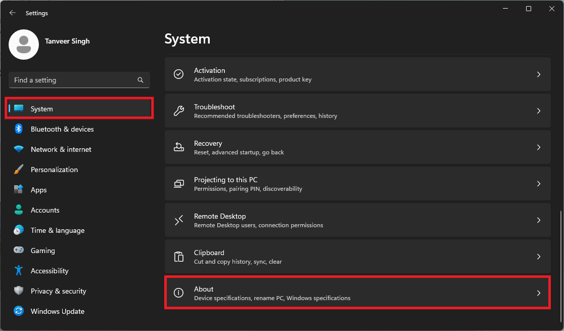 Opening "About" under System in Settings.