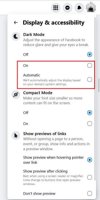 Dark Mode options under "Display & accessibility" in Facebook for desktop. 