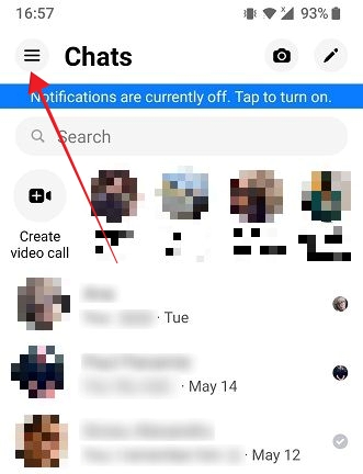 Clicking on hamburger menu in Messenger app for Android. 