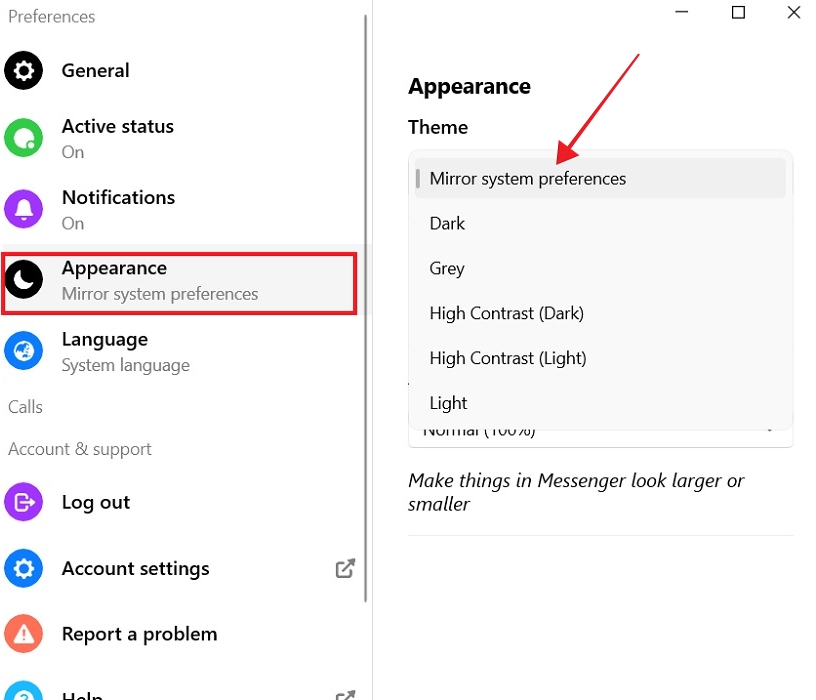 Clicking on "Mirror system preferences" in Appearance in Messenger for desktop. 
