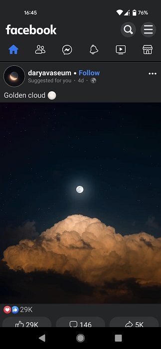 Dark mode activated in Facebook Lite app.