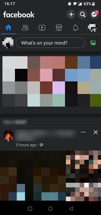 Facebook app for Android with dark mode enabled. 