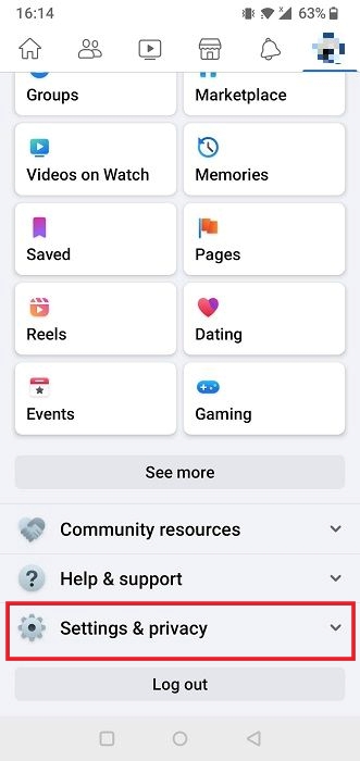 Clicking on "Settings & privacy" option in Facebook app for Android.