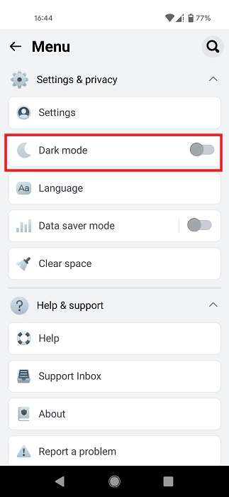 Toggling "Dark mode" on in Facebook Lite app.