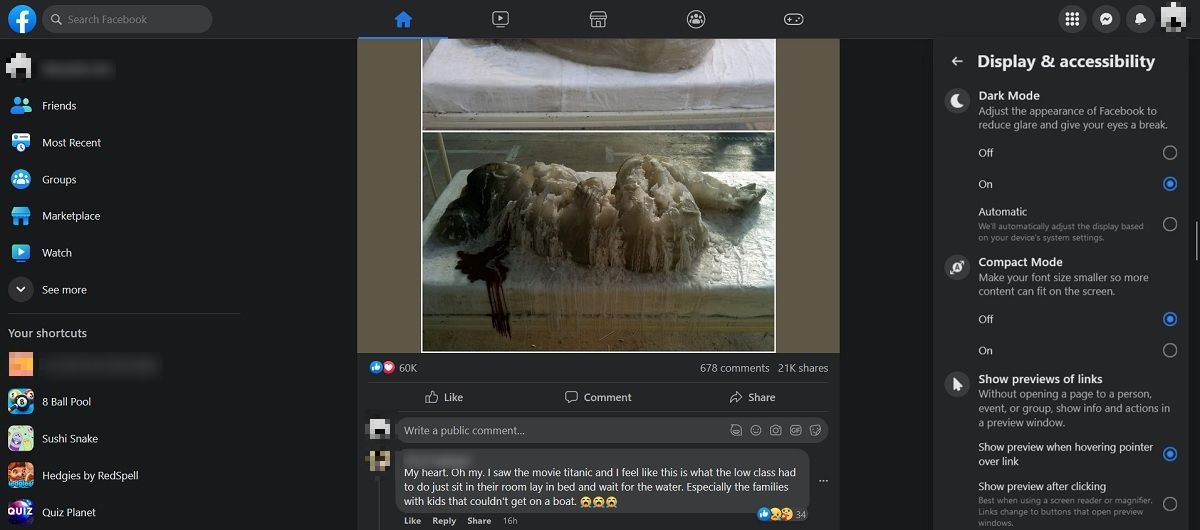 Facebook with Dark Mode enabled in web browser.