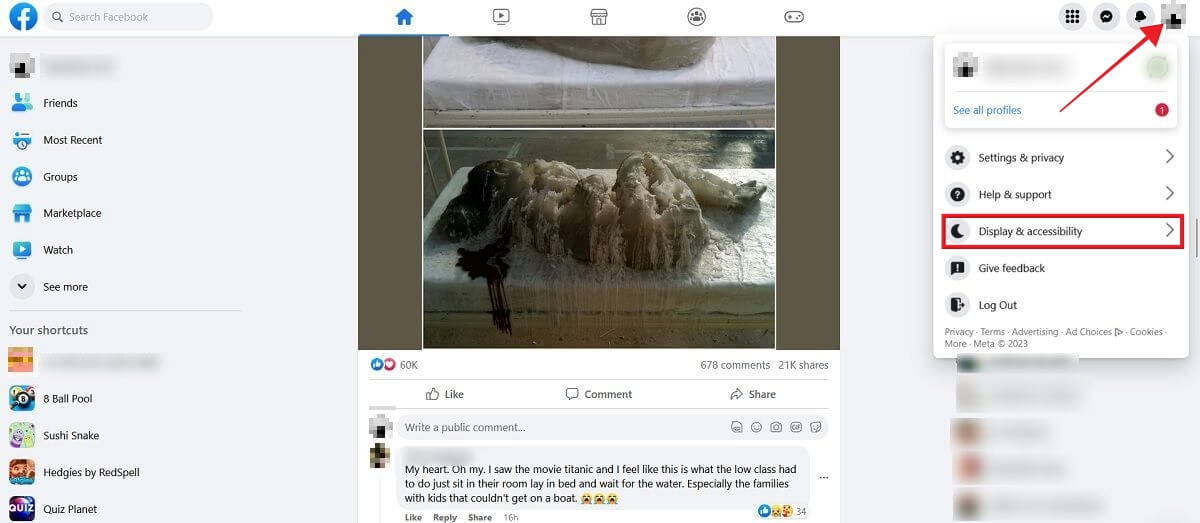 Clicking on "Display & accessibility" in Facebook for desktop. 