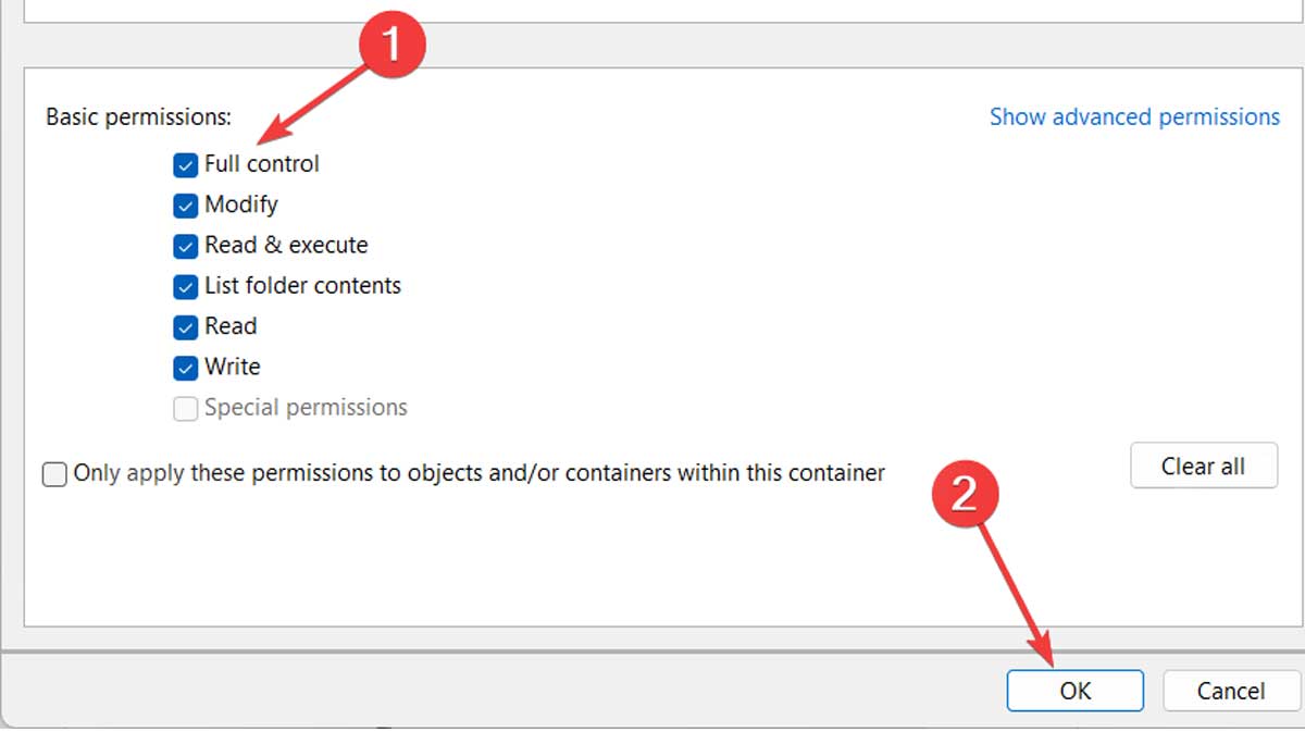 Ticking "Full control" option under "Basic permissions."