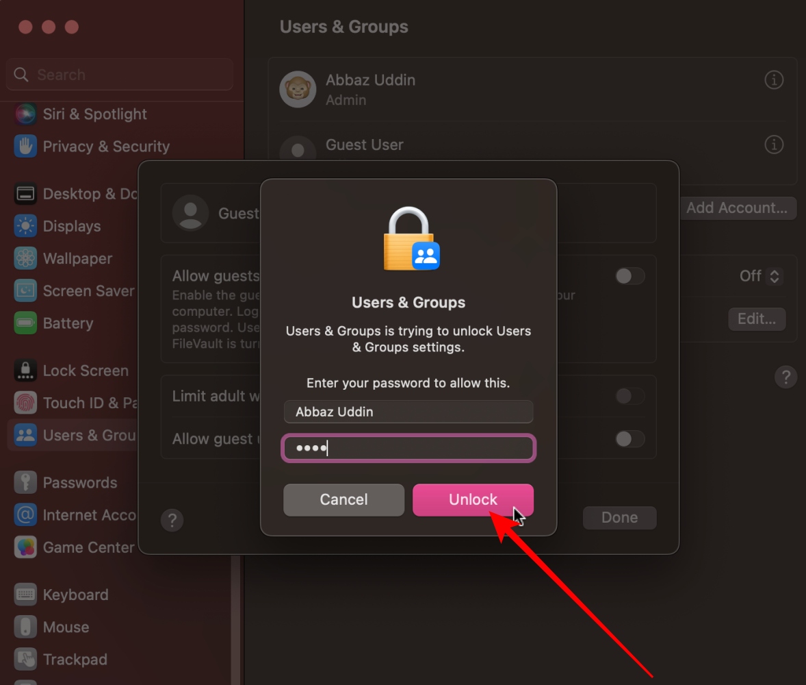 Guest Account Unlock Button
