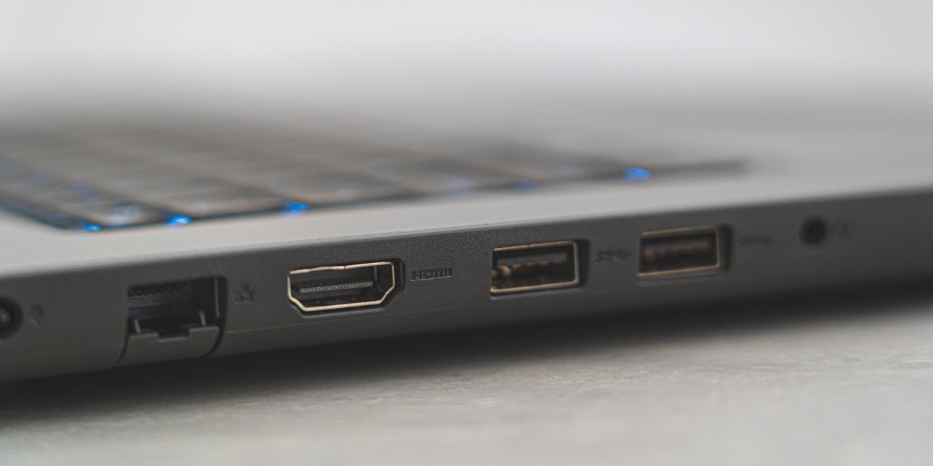 A close up picture of the ethernet, usb, and HDMI port on a laptop