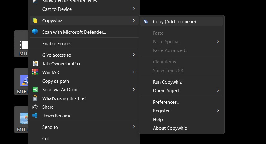Selecting "Copy (Add to queue) option" from Copywhiz option in context menu. 