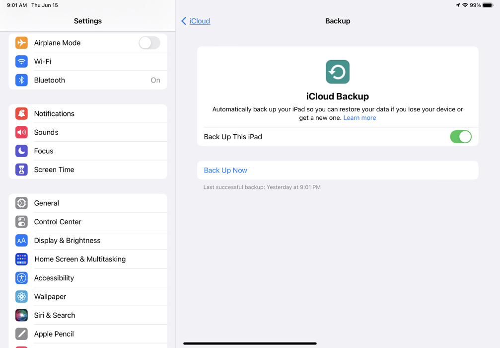 Last iCloud backup on iPad