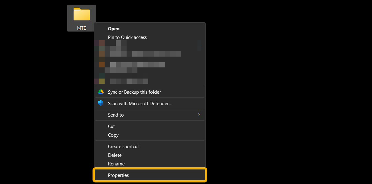 Selecting "Properties" option for folder.