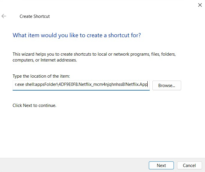 Adding location in "Create Shortcut" window. 