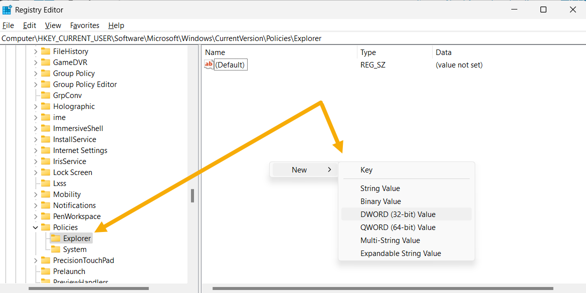 Creating new key under Explorer key in Registry Editor.