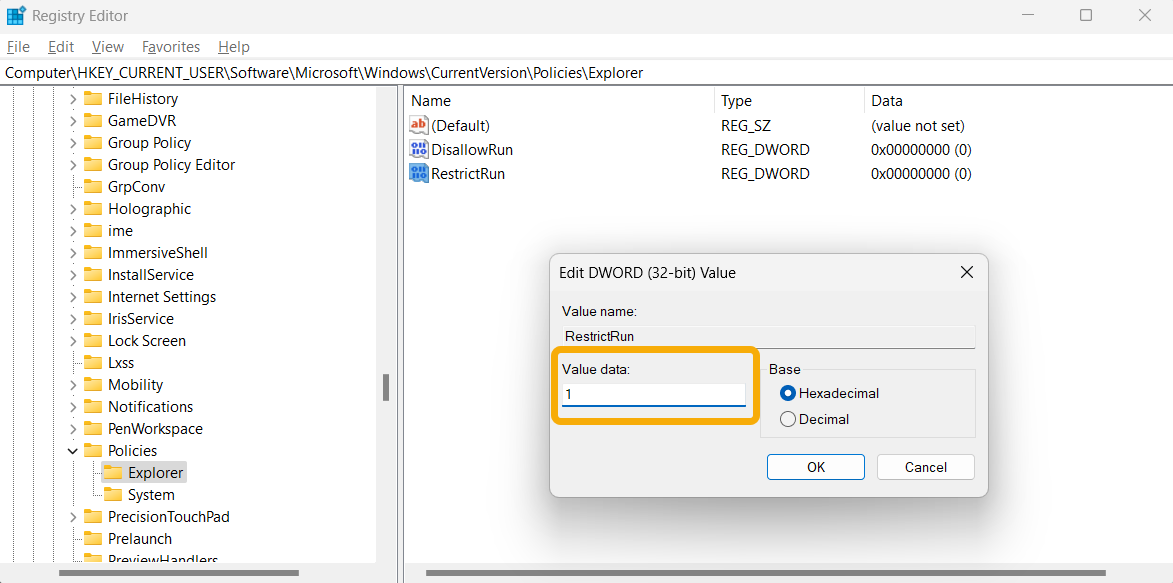 Changing value of RestrictRun to "1" in Registry Editor.
