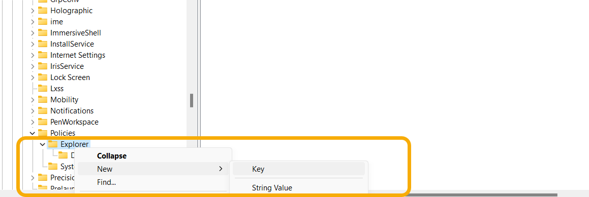 Creating a new key in Registry Editor. 