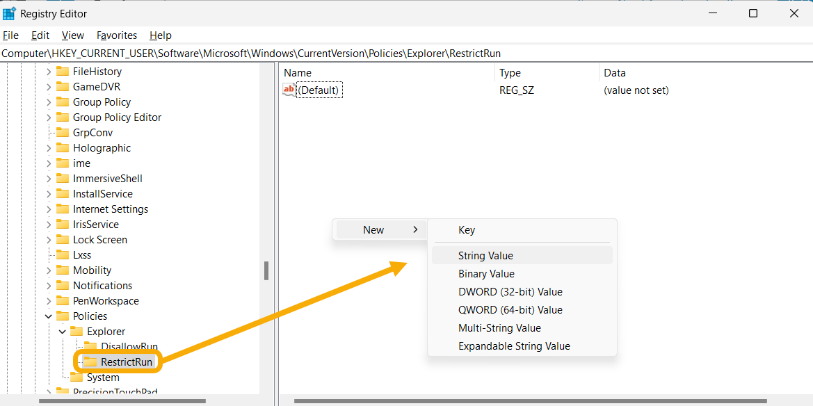 Creating a String Value in Registry Editor. 
