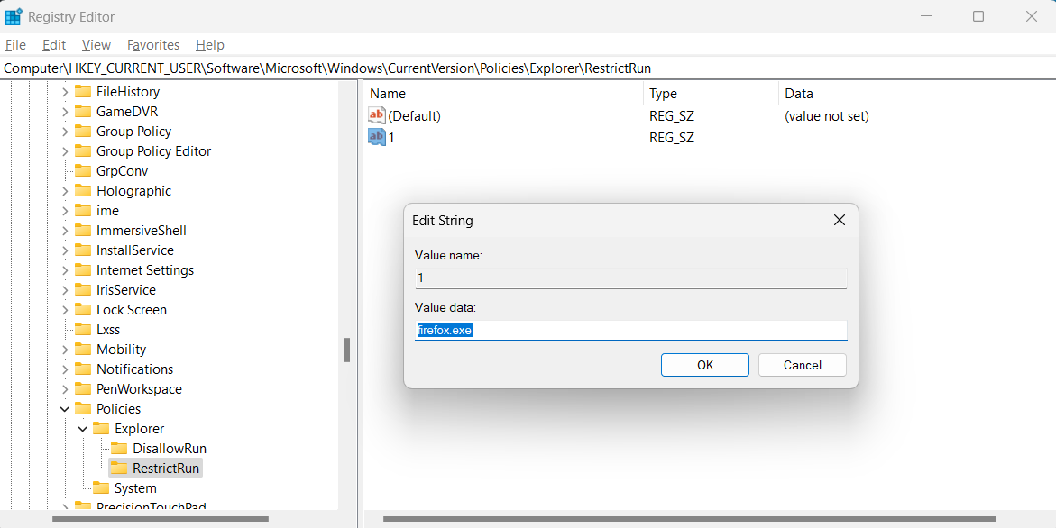 Adding the executable file in the "Edit String" window in Registry Editor.