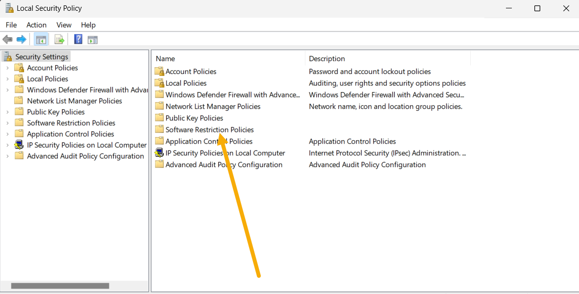 Double clicking the "Software Restriction Policies" option in Local Security Policy. 