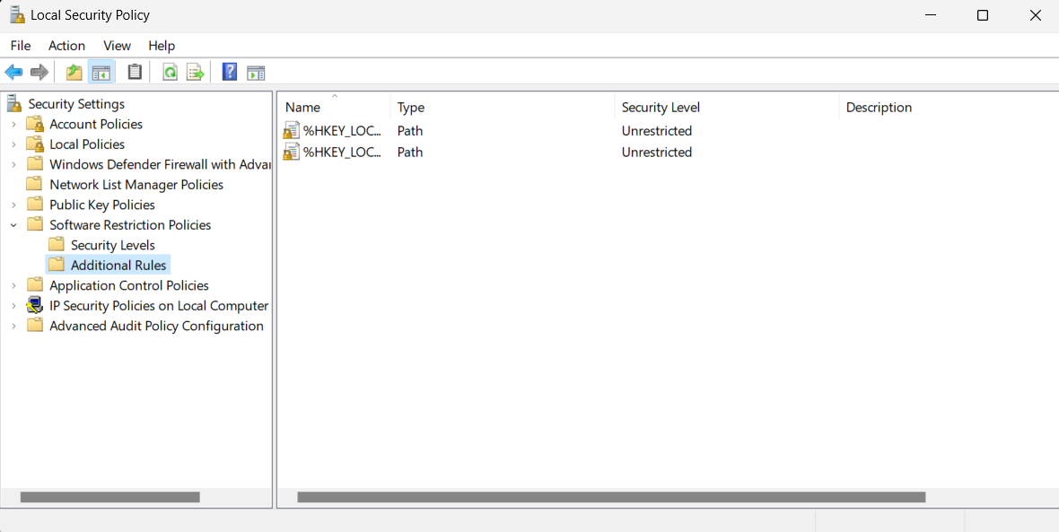 "Additional Rules" folder added to Local Security Policy.