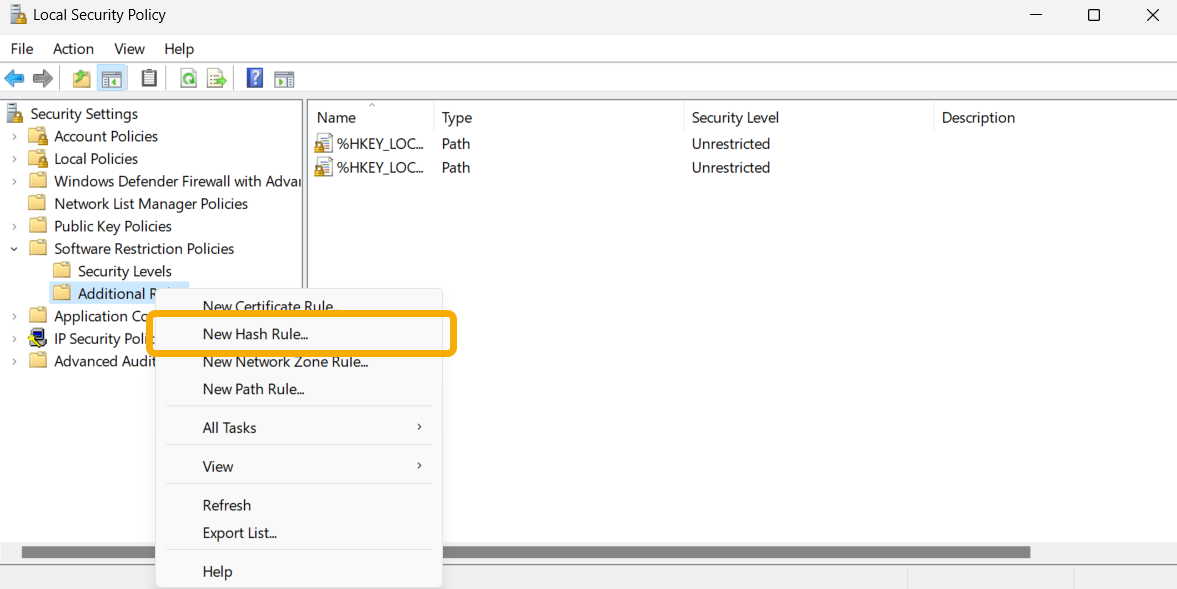 Clicking on "New Hash Rule" option in Local Security Policy.