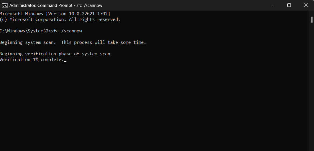 Running SFC scan in Command Prompt. 
