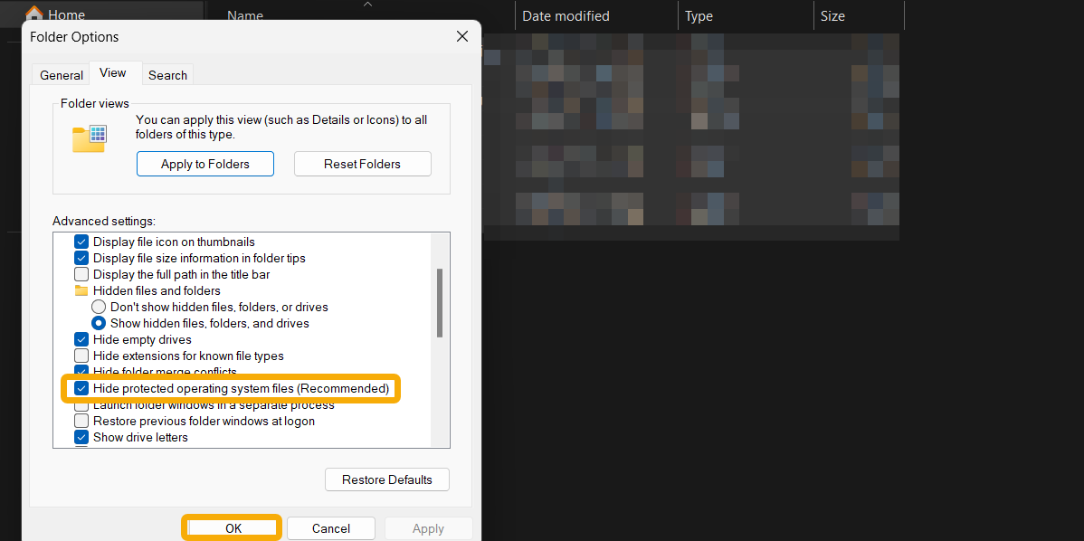 Disable "Hide protected operating system files" in Folder Options window. 