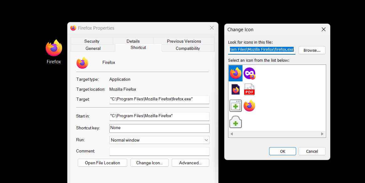Default icon options for Firefox. 