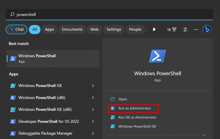 Running PowerShell as administrator from Search. 