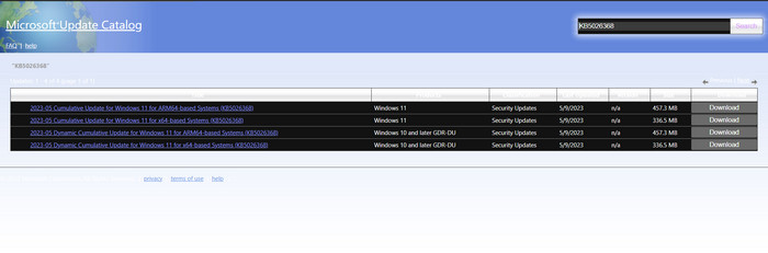 Select the update you want to install from Microsoft Catalog.