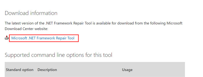 Download page for Microsoft .NET Framework Repair Tool. 