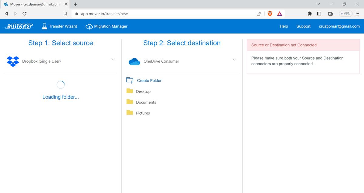 Mover Io Selecting Folder To Send From Dropbox To Onedrive