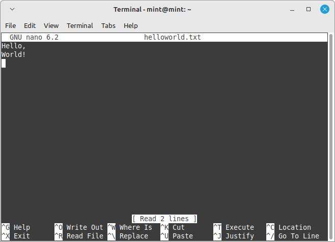 Nano Editor Hello World In Two Lines