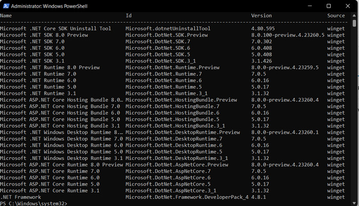 Available .NET Frameworks versions displayed in PowerShell. 