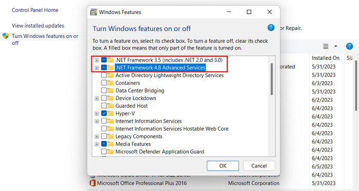 Re-enabling .NET Framework features in Windows Features. 