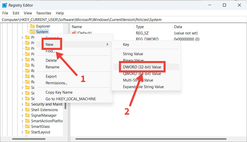 Creating a new DWORD value in the Registry Editor on Windows.