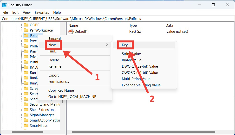 Creating a new key in the Windows Registry Editor.