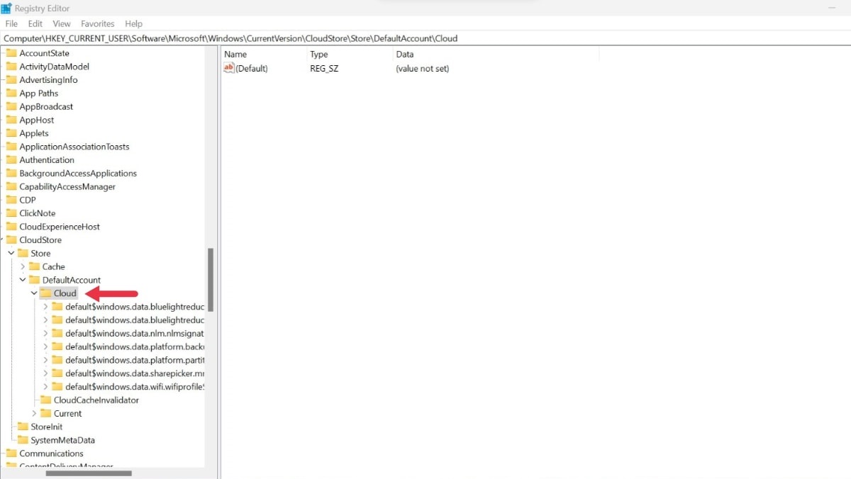 Navigating to the "Cloud" key in Registry Editor.