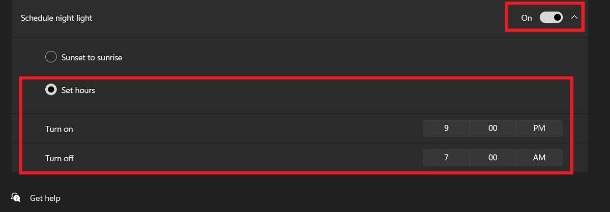 Scheduling options for Night Light visible.