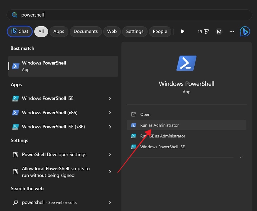 Running PowerShell as Admin from Windows Search.