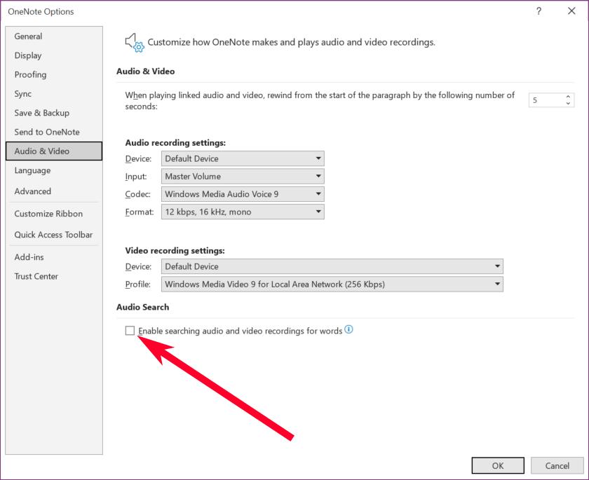 Turning on "Enable searching audio and video recordings for words" option in OneNote Options.