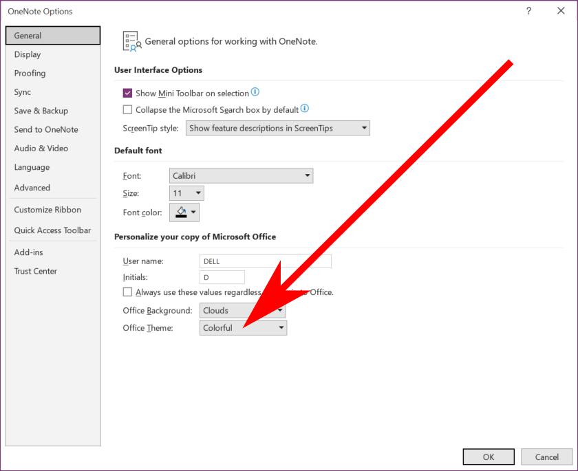 Setting the "Office Theme" to "Black" to turn dark mode on.